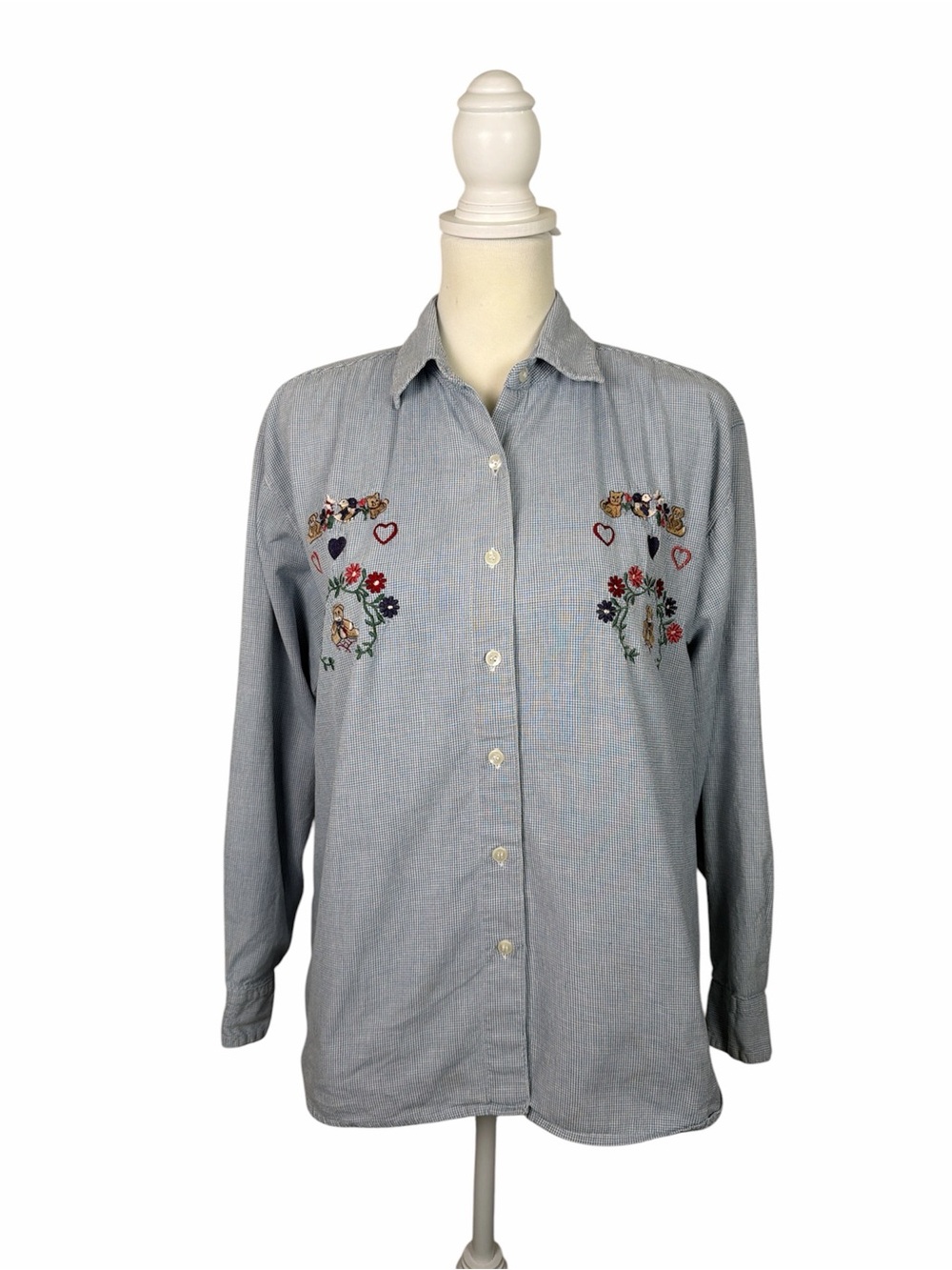 Vintage Cherokee Teddy Bear Embroidered Button Front Gingham Cottage Top Size L